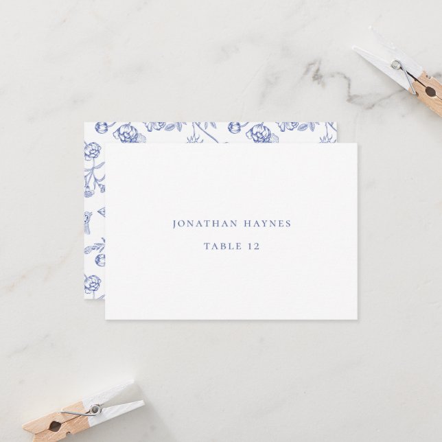 Regency Blue Chinoiserie Floral Wedding Place Card (Front/Back In Situ)