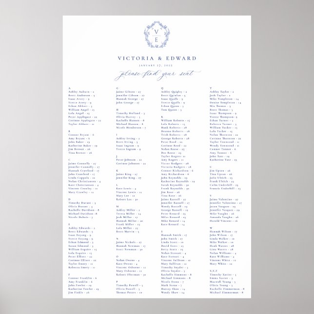 Regency Blue Crest Alphabetical Seating Plan Poster (Front)