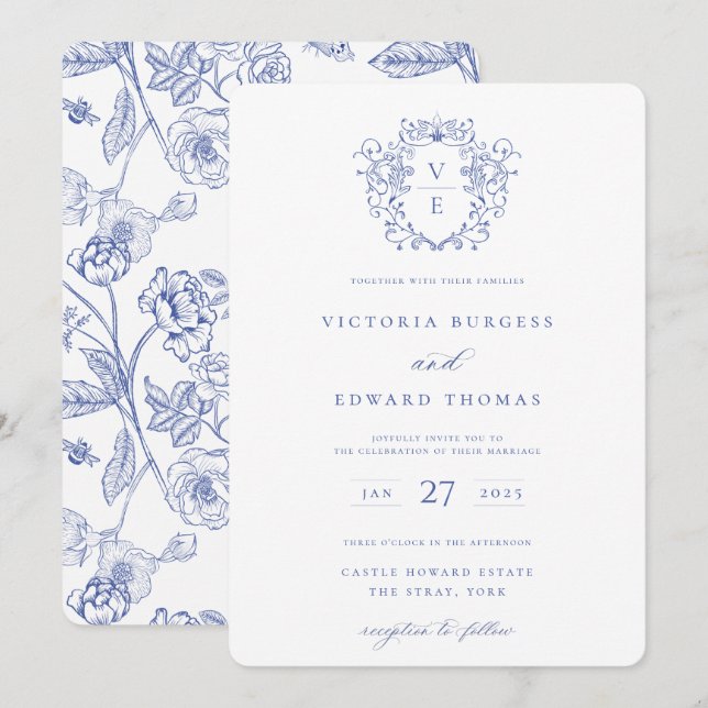 Regency Blue Crest Monogram Invitation (Front/Back)