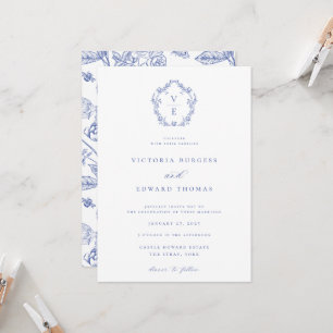 Regency Blue Crest Monogram Wedding Invitation