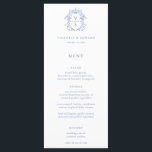 Regency Blue Crest Monogram Wedding Menu<br><div class="desc">Vintage Regency Blue Crest monogram,  wedding menu. Vintage inspired Baroque style crest with coordinating blue typography. Features,  elegant Chinoiserie Style garden floral pattern backing.</div>
