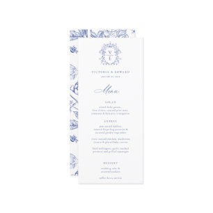 Regency Blue Crest Monogram Wedding Menu