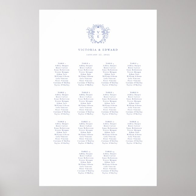 Regency Blue Crest Monogram Wedding Seating Chart (Front)