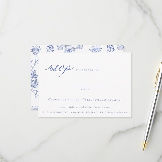 Regency Blue Floral Meal Choice Wedice Carte RSVP (Devant/Arrière en situation)