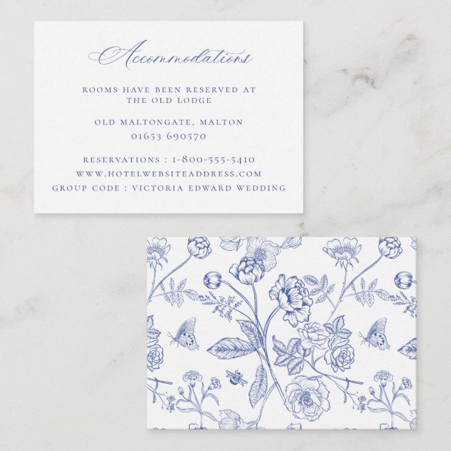 Regency Blue Floral Wedding Accommodations Enclosure Card (Front/Back)