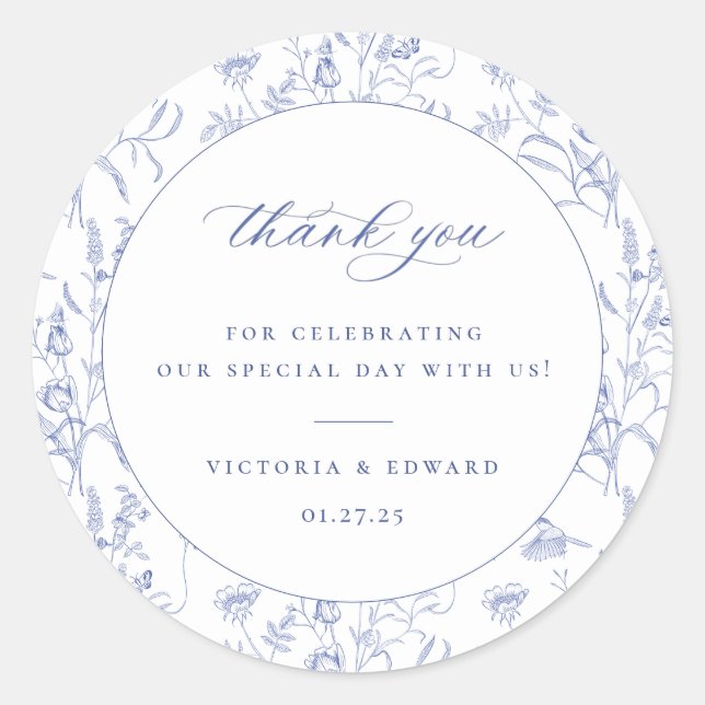 Regency Blue Floral Wedding Thank You Classic Round Sticker (Front)
