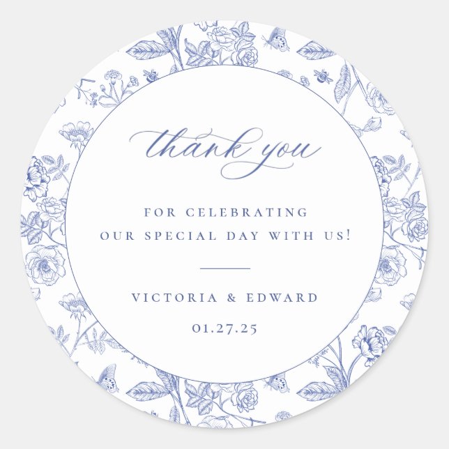 Regency Blue Floral Wedding Thank You Classic Round Sticker (Front)