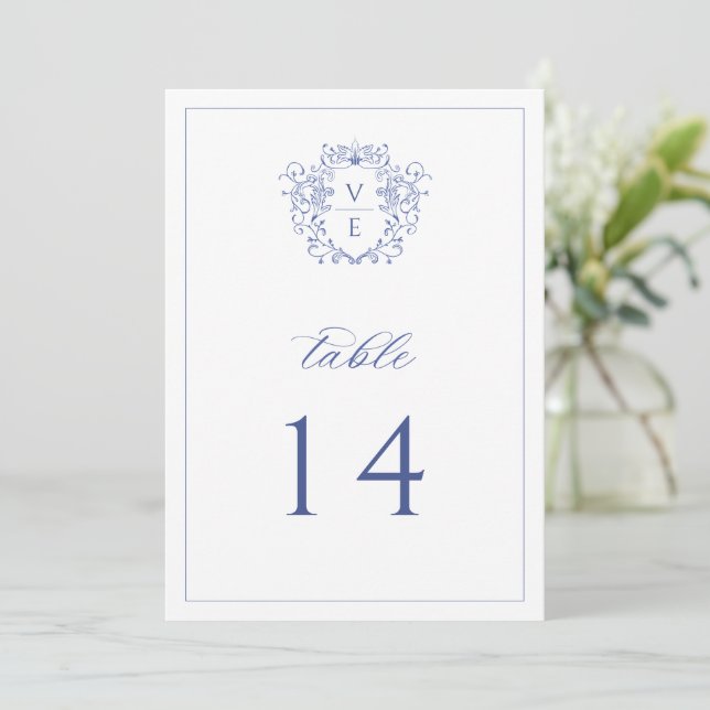 Regency Blue Monogram Crest Wedding Table Number (Standing Front)