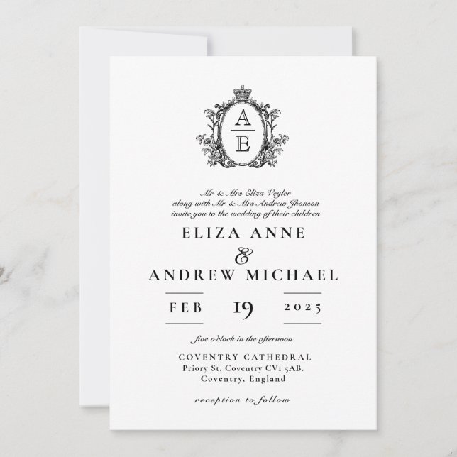 Regency Crest Monogram Black and White Wedding Invitation (Front)