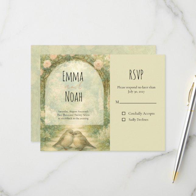 Regency English Garden Pink Roses Wedding RSVP Card (Front/Back In Situ)