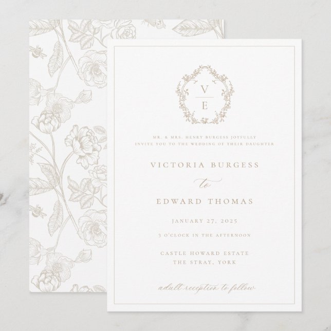 Regency Era Beige Crest Monogram Wedding Invitation (Front/Back)