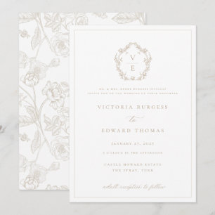 Regency Era Beige Crest Monogram Wedding Invitation
