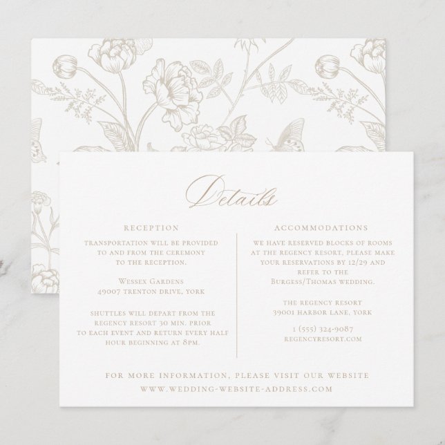 Regency Era Beige Floral Wedding Details Card (Front/Back)