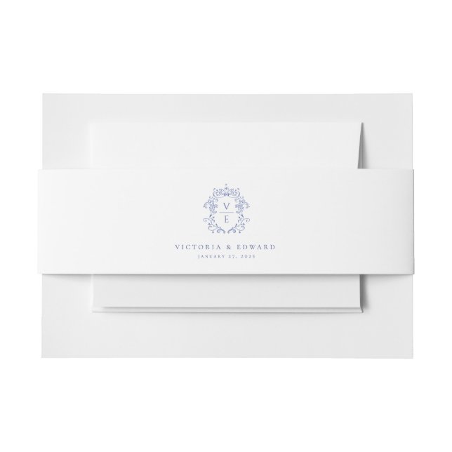Regency Era Blue Crest Monogram Wedding Invitation Belly Band (Front Example)
