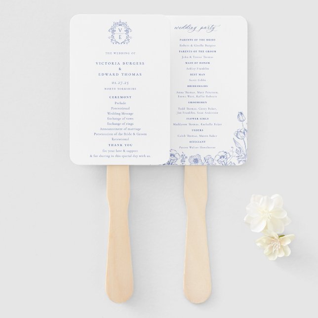 Regency Era Blue Crest Monogram Wedding Program Hand Fan (Front and Back)