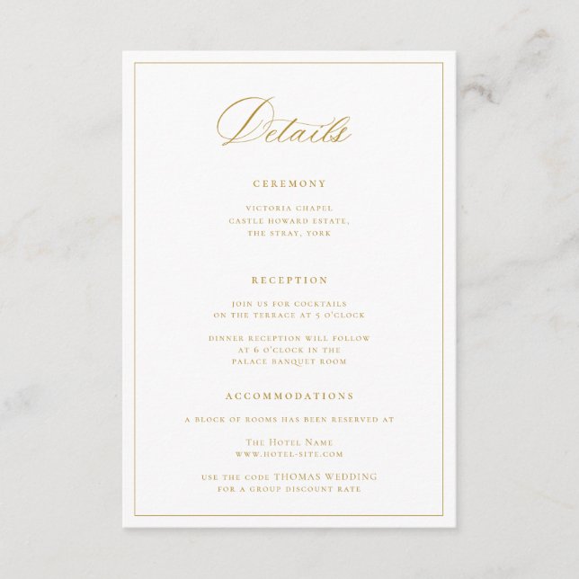 Regency Era Dark Gold Wedding Details Enclosure Card (Front)