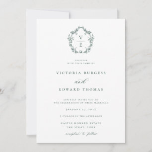 Regency Era Emerald Monogram Crest Wedding Invitation