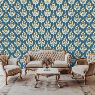 Regency Era Inspired Damask Scroll Leafy Wallpaper