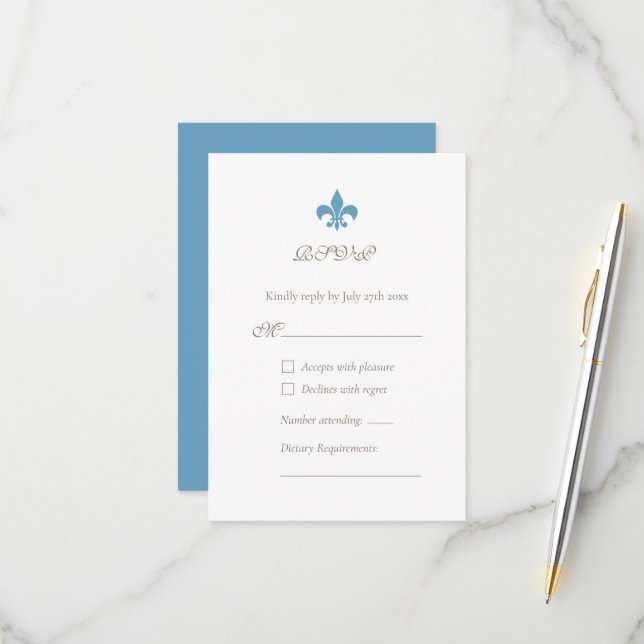 Regency French Blue Fleur de Lis Design Wedding RSVP Card (Front/Back In Situ)