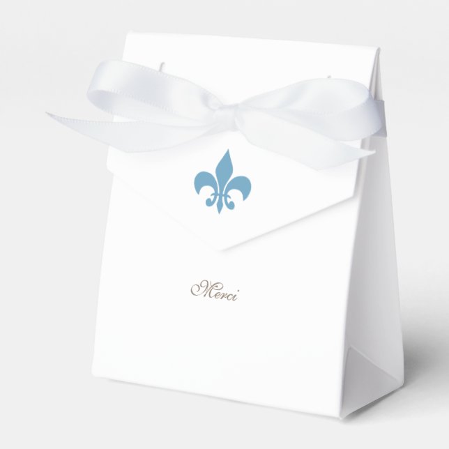 Regency French Blue Fleur de Lis Merci Wedding Favor Box (Front Side)