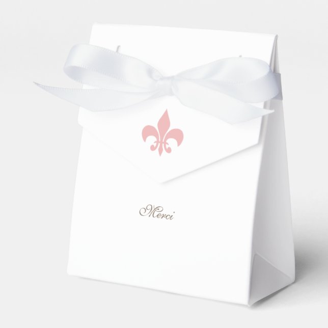 Regency French Pink Fleur de Lis Merci Wedding Favor Box (Front Side)