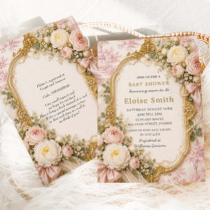 Regency Pink Floral Toile de Jouy Bow Baby Shower Invitation