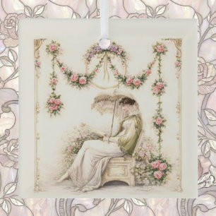 Regency Rose Garden Reading Lady Glass Ornament
