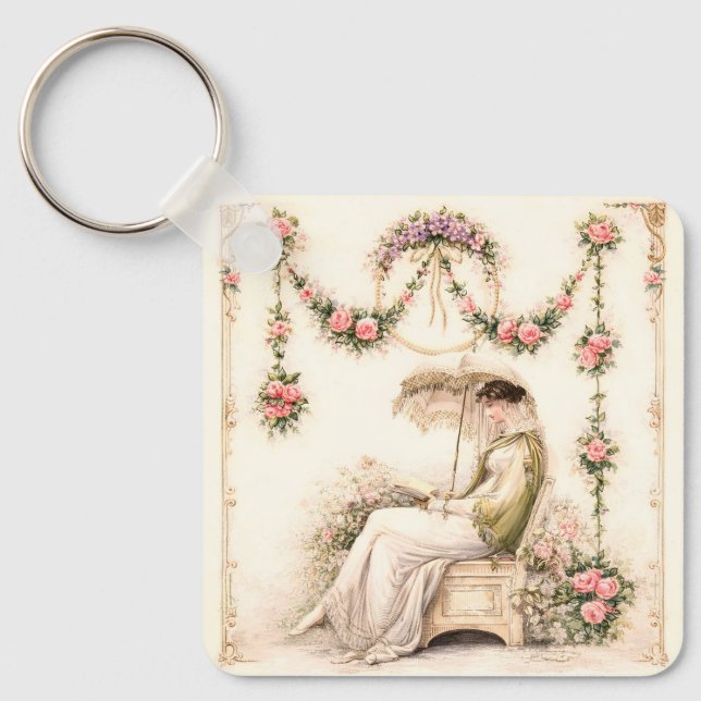 Regency Rose Garden Reading Lady Keychain (Front)
