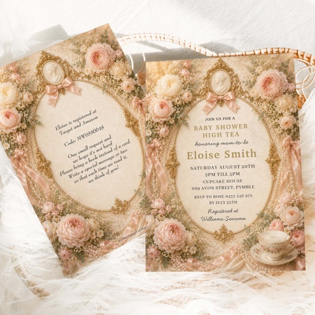 Regency Tea Party Baby Shower Pink Floral Pearls  Invitation (Creator Uploaded)