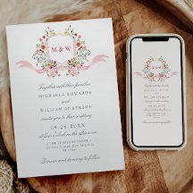 Regency Watercolor Botanical Pink Crest Wedding