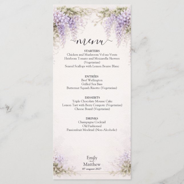 Regency Wisteria Wedding Menu Card (Front)