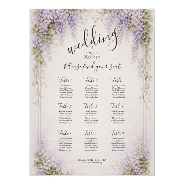 Regency Wisteria Wedding Seating Chart Poster (Devant)