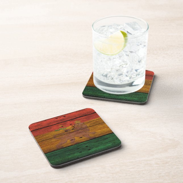 reggae lion crest on wood texture coaster (Right Side)