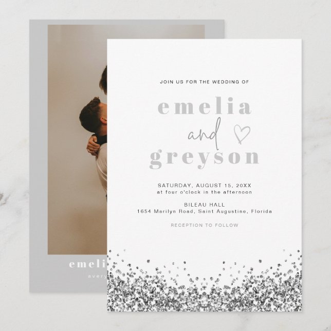 REGINA Glam Silver Glitter Sequins Disco Wedding Invitation (Front/Back)