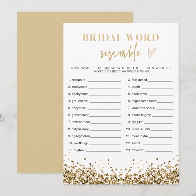 REGINA Gold Sequins Bridal Shower Word Scramble Invitation (Front/Back)