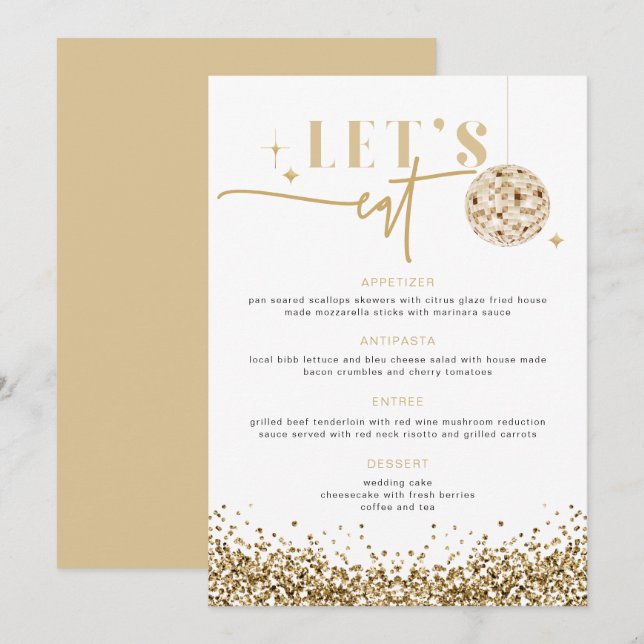 REGINA Gold Sequins Disco Mariage Mangeons Menu (Devant / Derrière)