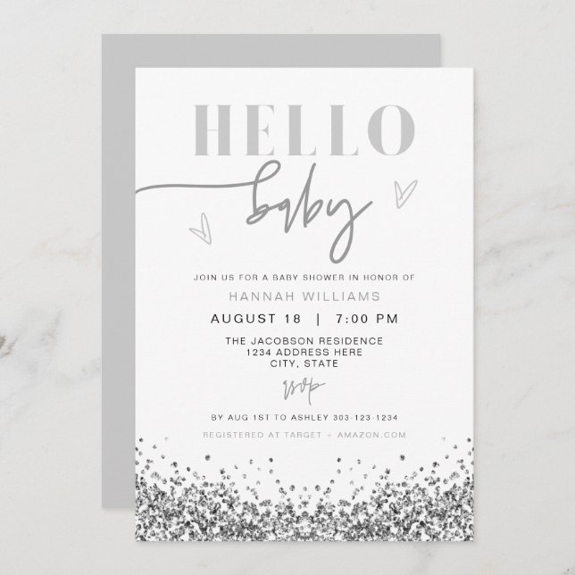 REGINA Hello Baby Silver Sequin Baby Shower Invitation (Front/Back)
