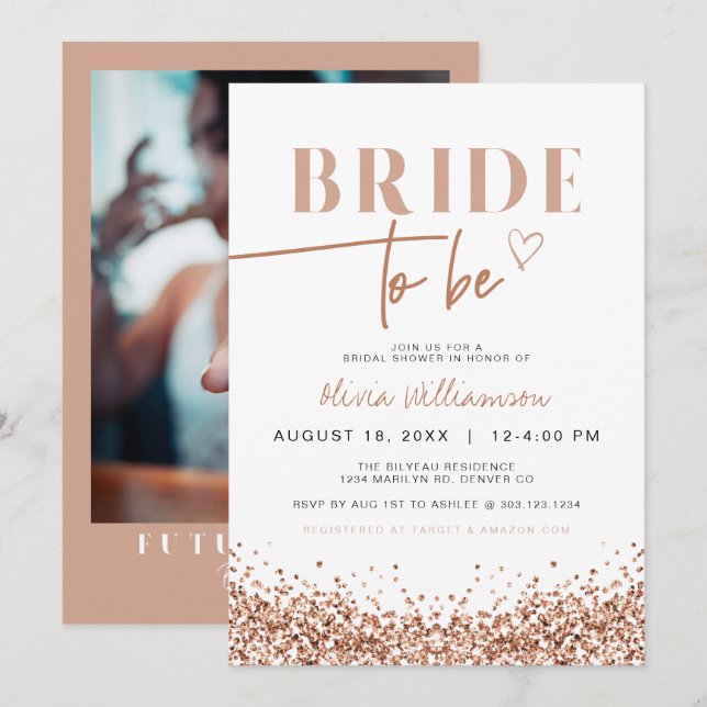 REGINA Rose Gold Blush Pink Sparkly Bridal Shower Invitation (Front/Back)