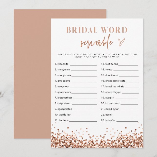REGINA Rose Gold Bridal Shower Word Scramble  Invitation (Front/Back)
