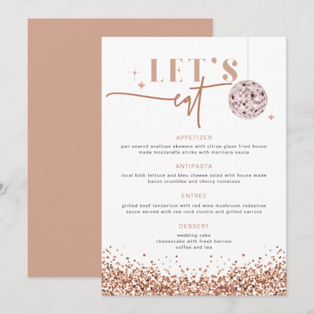 REGINA Rose Gold Disco Mariage Mangeons Menu (Devant / Derrière)