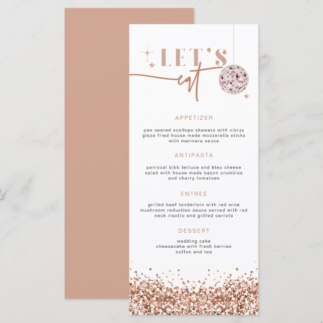 REGINA Rose Gold Sequins Disco Mangeons Carte Menu (Devant / Derrière)