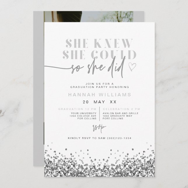 REGINA Silver Sequin Glitter She Did It Graduation Invitation (Front/Back)