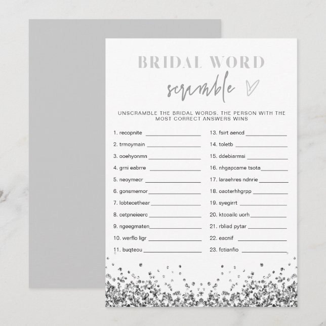 REGINA Silver Sequins Bridal Shower Word Scramble Invitation (Front/Back)