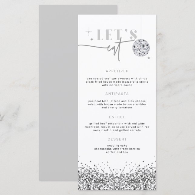 REGINA Silver Sequins Disco Let's Eat Menu Card (Front/Back)