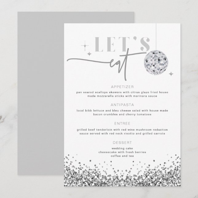 REGINA Silver Sequins Disco Wedding Let's Eat Menu (Front/Back)