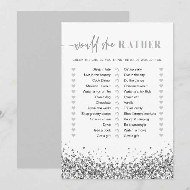 REGINA Silver Sequins Would She Rather Bridal Game Invitation (Front/Back)
