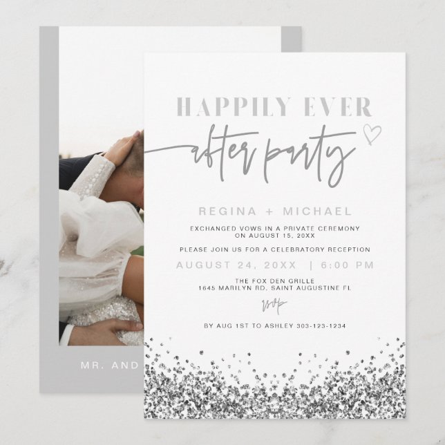 REGINA Silver Sparkle Sequin Elopement Reception  Invitation (Front/Back)
