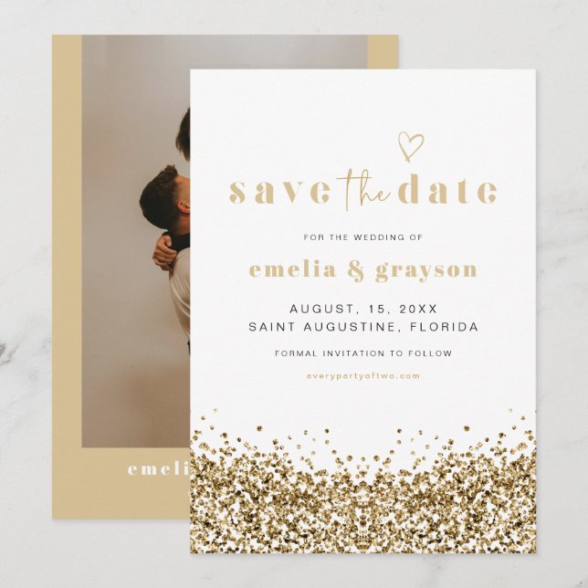REGINA Yellow Gold Sequins Glitter Save The Date Invitation (Front/Back)