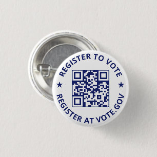 Register to vote scannable QR Code navy blue white 1 Inch Round Button