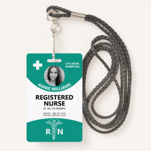 Registered nurse caduceus and logo teal photo id badge